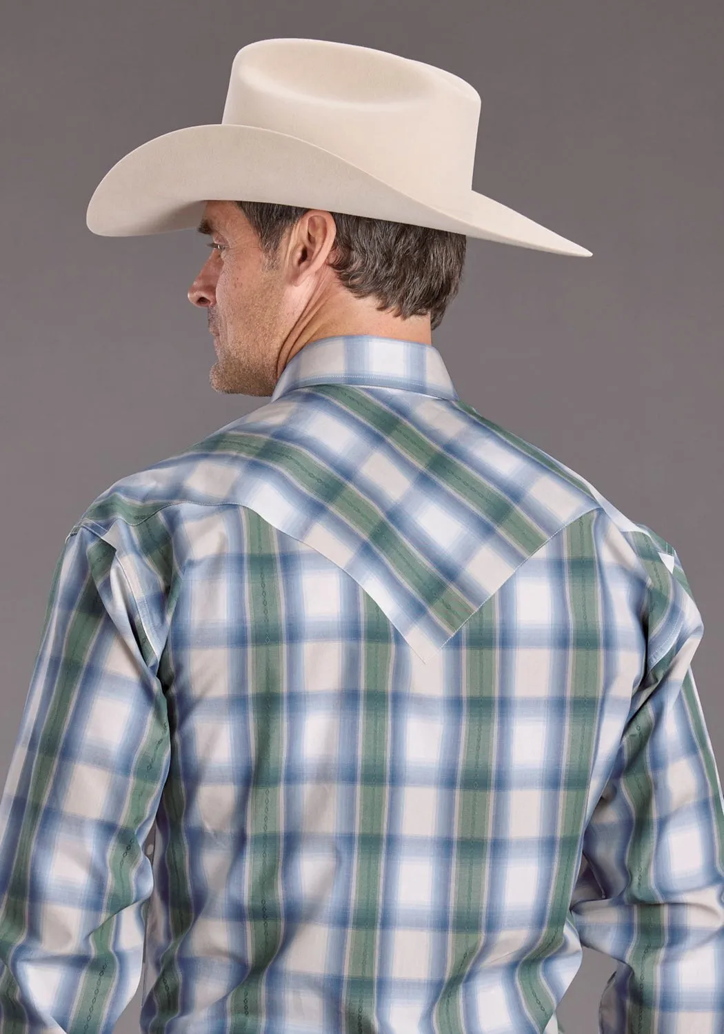 Stetson Mens Moss Dobby Plaid Blue 100% Cotton L/S Shirt Micro Perforated Texture Anti Cling Fabric