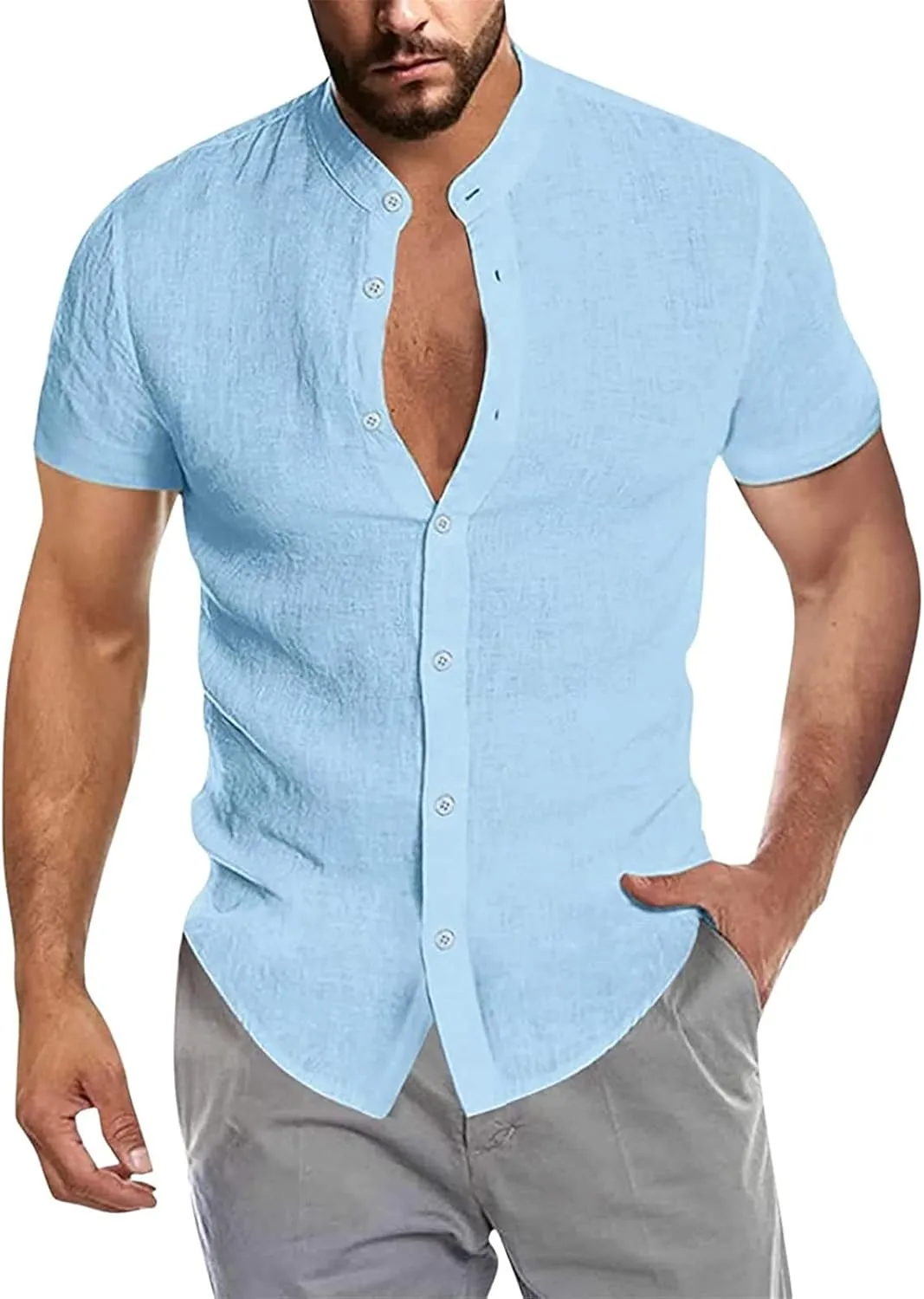 Maiyifu-GJ Men Linen Button Down Beach Shirt Short Sleeve Banded Collar Yoga Shirts Regular Fit Mandarin Collar Dress Shirt