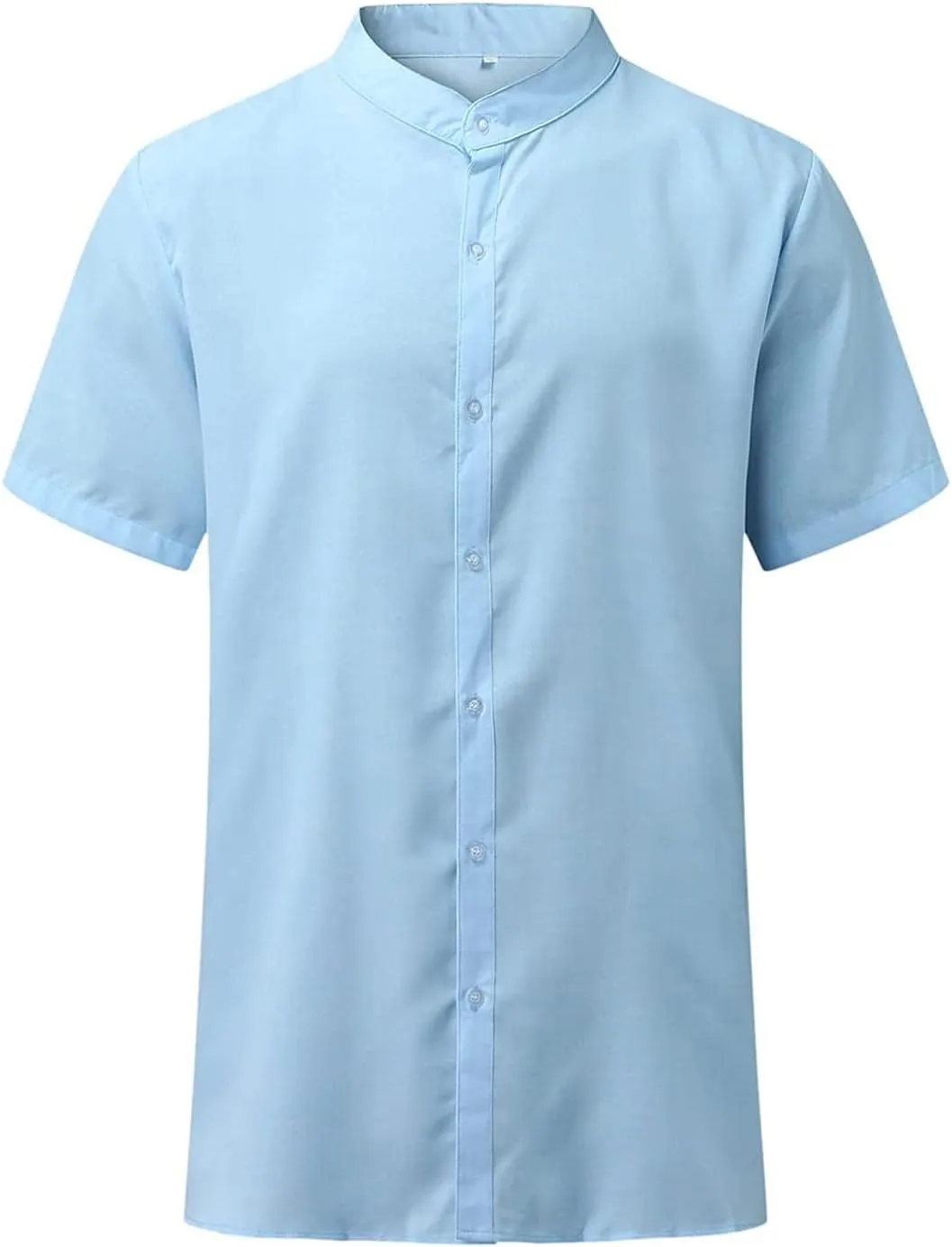 Maiyifu-GJ Men Linen Button Down Beach Shirt Short Sleeve Banded Collar Yoga Shirts Regular Fit Mandarin Collar Dress Shirt