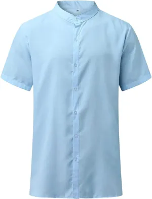 Maiyifu-GJ Men Linen Button Down Beach Shirt Short Sleeve Banded Collar Yoga Shirts Regular Fit Mandarin Collar Dress Shirt