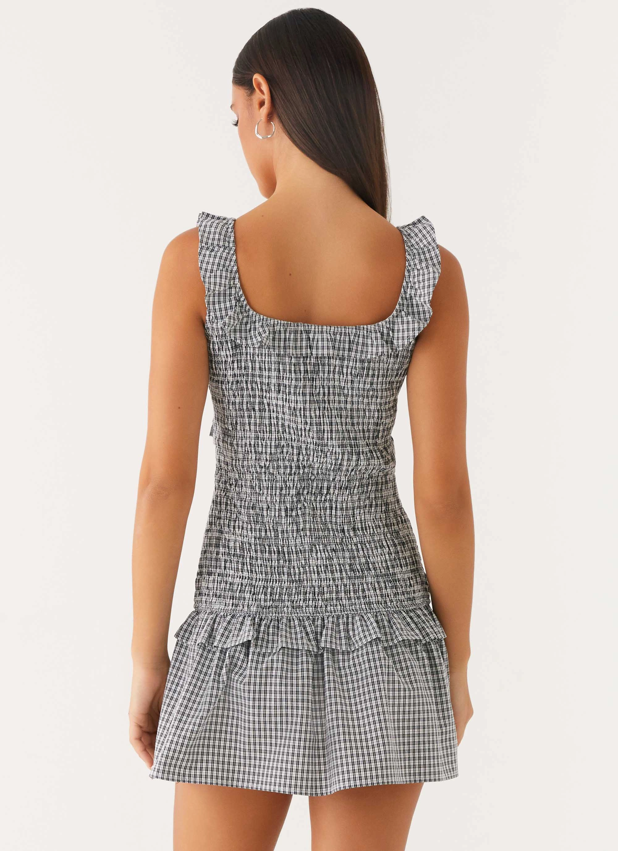 High Cut Mali Shirred Mini Dress - Checker