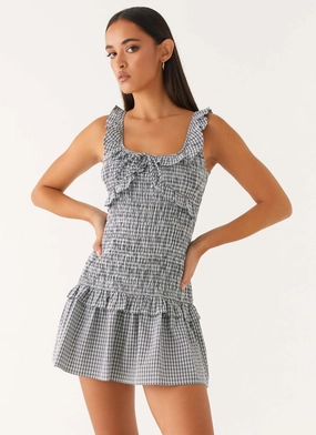 Mali Shirred Mini Dress - Checker Denim Gear Lace Fine Mali Shirred Mini Dress - Checker