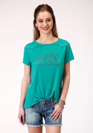 Mandarin Collar Roper Womens Turquoise Poly/Rayon Roping Cowboy S/S T-Shirt Roper Womens Turquoise Poly/Rayon Roping Cowboy S/S T-Shirt high-low hem Roll-Up Sleeve