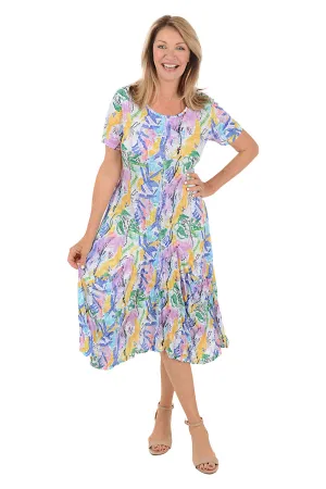 Mardi Gras Short Sleeve Draped Dress Reinforced Hemline Cafe Vibe Relaxed Waistband Mardi Gras Short Sleeve Draped Dress