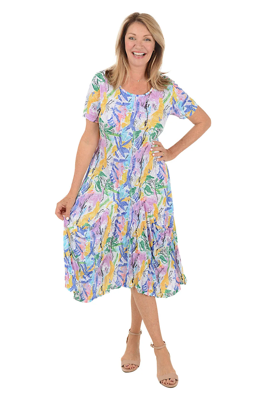 Cafe Vibe Relaxed Waistband Mardi Gras Short Sleeve Draped Dress