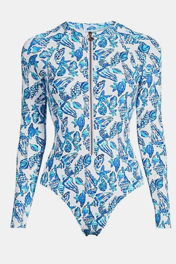 Marine Life Print Long Sleeve Zip-Up One-Piece Swimsuit UPF50  Rash Guard