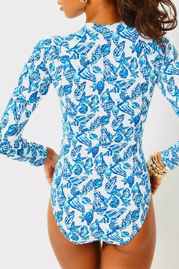 Marine Life Print Long Sleeve Zip-Up One-Piece Swimsuit UPF50  Rash Guard