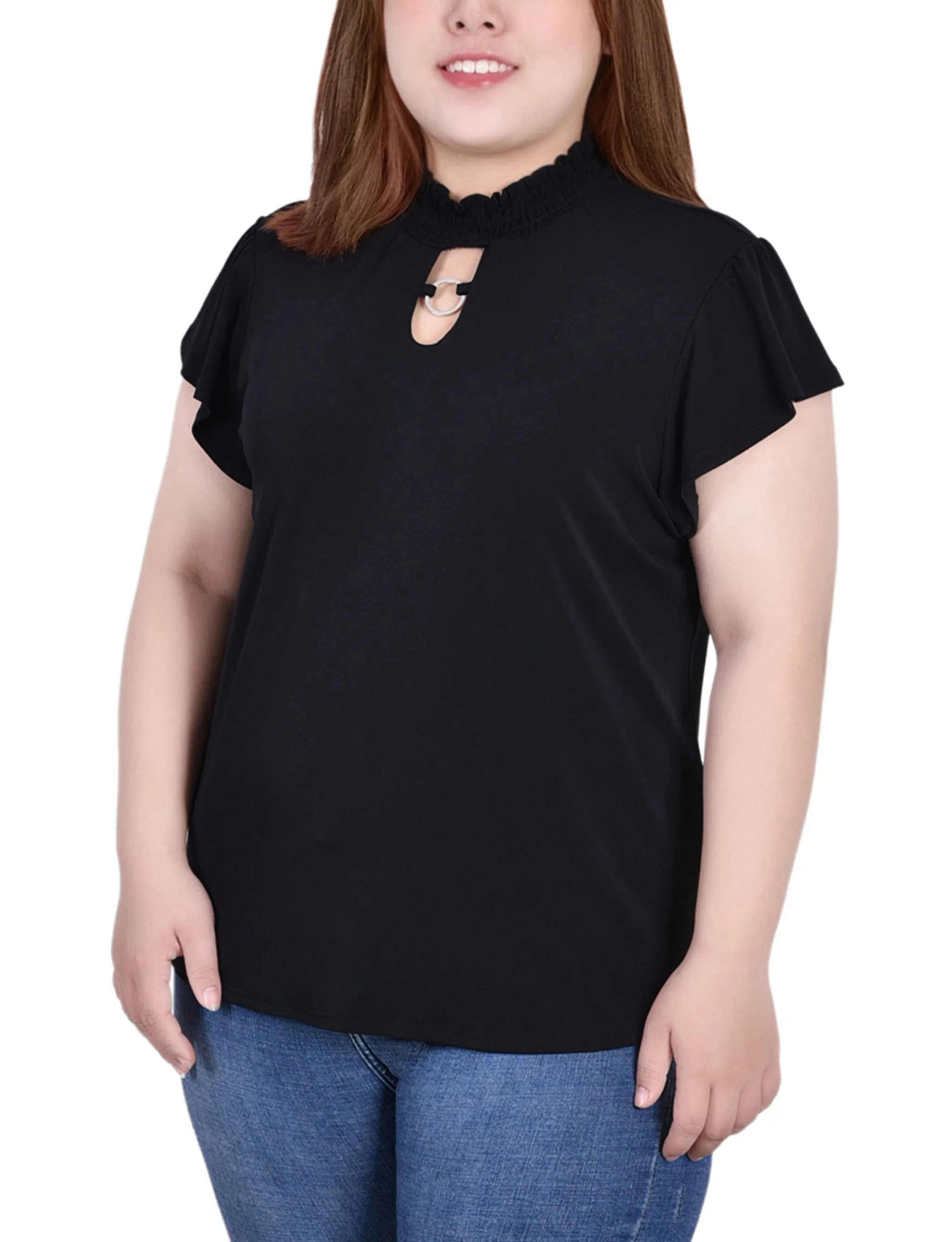 Plus Size Short Flutter Sleeve Mock Neck Top Soft Presence Lightweight-Structure