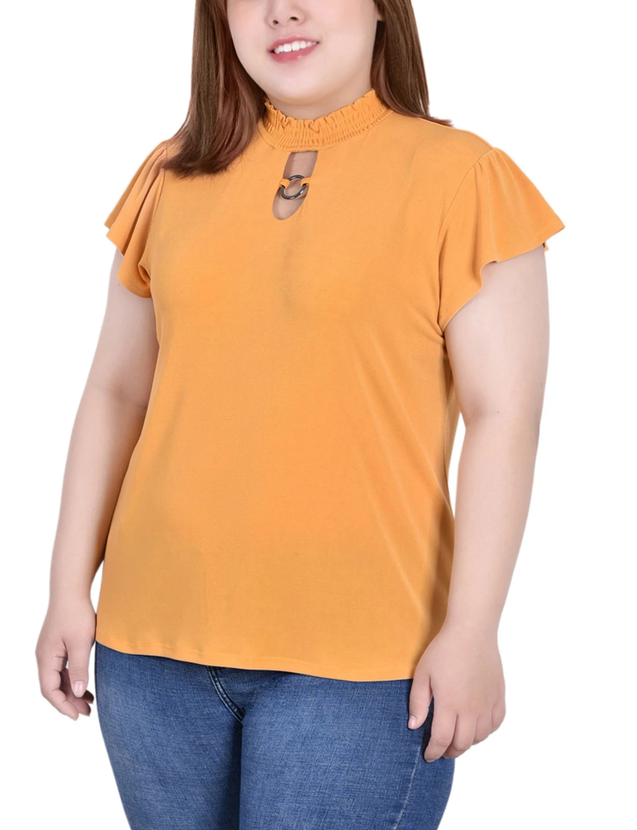 Plus Size Short Flutter Sleeve Mock Neck Top TaglessDesign