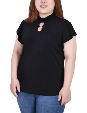 Masculine Ensemble Plus Size Short Flutter Sleeve Mock Neck Top Sheer Overlay Wrinkle-Free-Finish Plus Size Short Flutter Sleeve Mock Neck Top