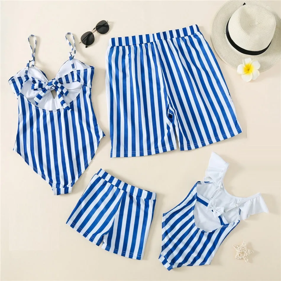 Matching Family Swimsuit Blue Striped One Piece Swimsuit