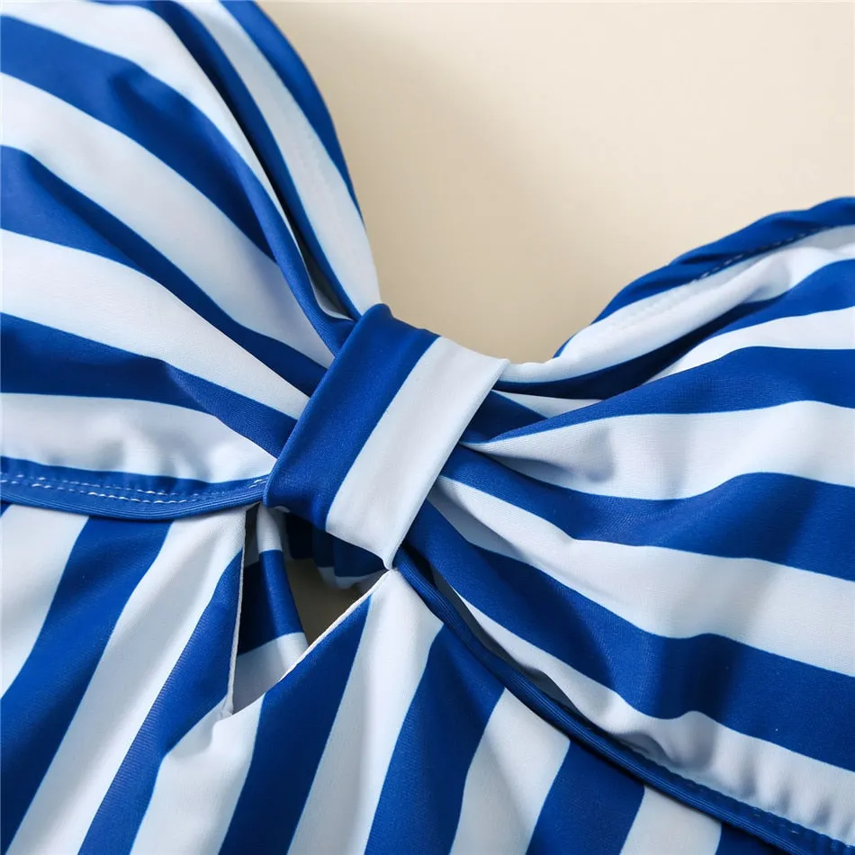 Matching Family Swimsuit Blue Striped One Piece Swimsuit