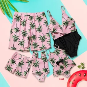 Matching Family Swimsuit Floral Pink Coconut Tree One Piece Swim Trunks Bathing Suit