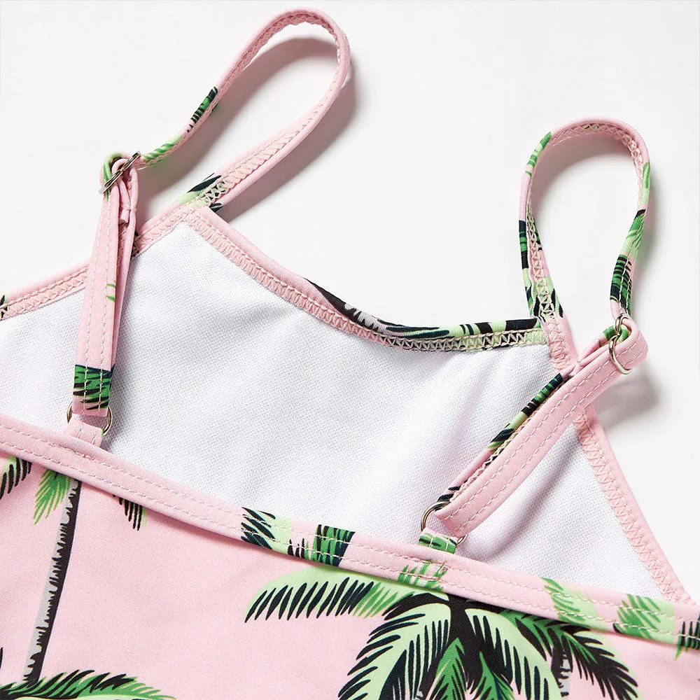 Matching Family Swimsuit Floral Pink Coconut Tree One Piece Swim Trunks Bathing Suit