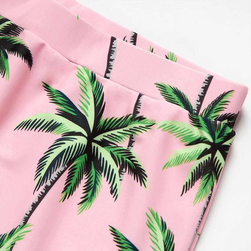 Matching Family Swimsuit Floral Pink Coconut Tree One Piece Swim Trunks Bathing Suit