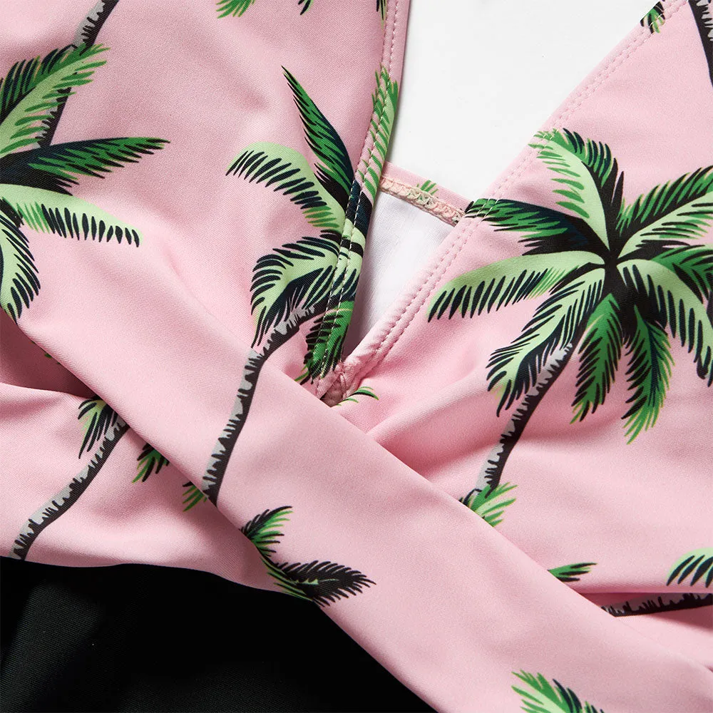 Matching Family Swimsuit Floral Pink Coconut Tree One Piece Swim Trunks Bathing Suit