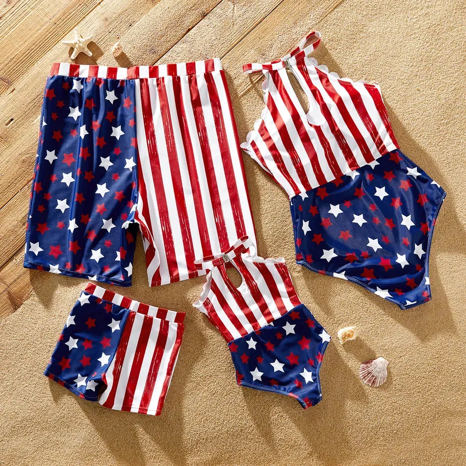 Matching Family Swimsuit Independence Day Flag Print Sling One-piece