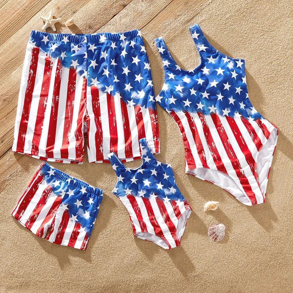 Matching Family Swimsuit Independence Day Flag Print Sling One-piece