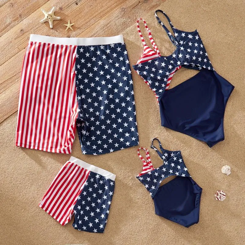 Matching Family Swimsuit Independence Day Flag Print Sling One-piece