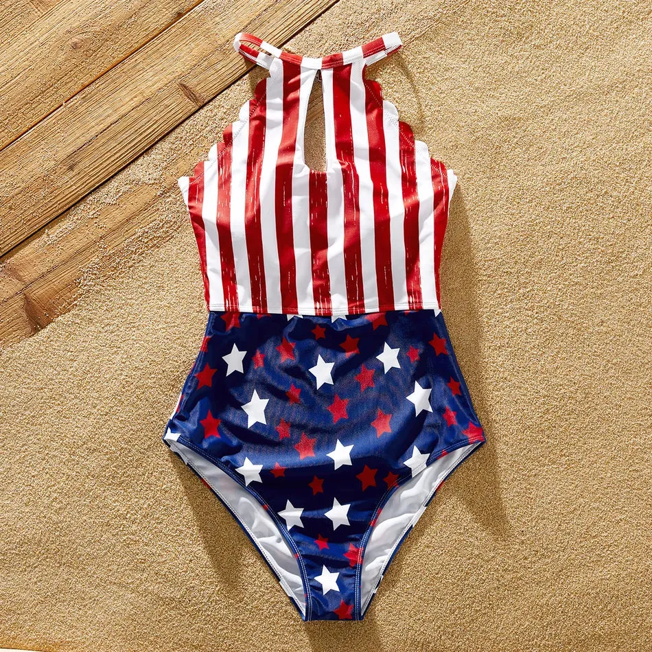 Matching Family Swimsuit Independence Day Flag Print Sling One-piece