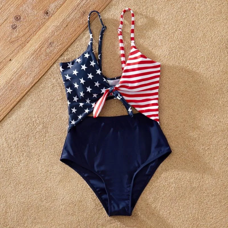Matching Family Swimsuit Independence Day Flag Print Sling One-piece