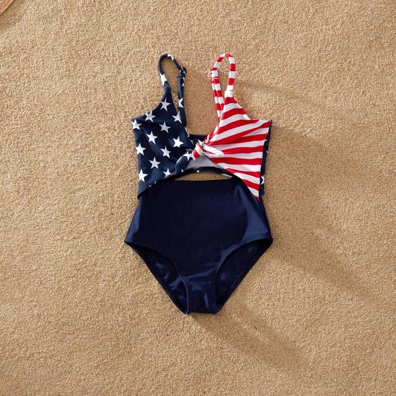 Matching Family Swimsuit Independence Day Flag Print Sling One-piece