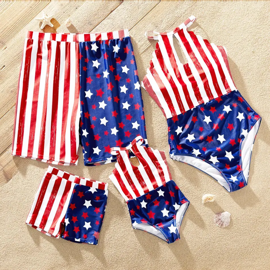 Matching Family Swimsuit Independence Day Flag Print Sling One-piece
