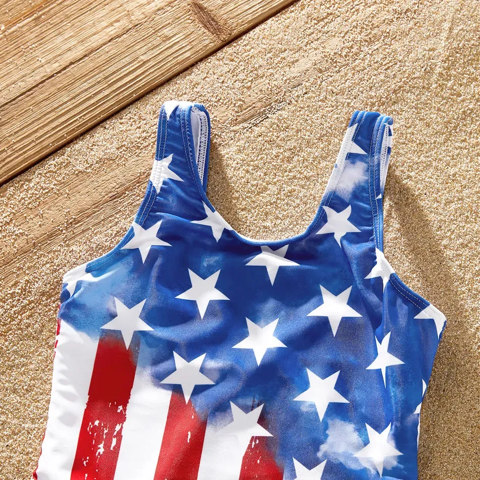 Matching Family Swimsuit Independence Day Flag Print Sling One-piece