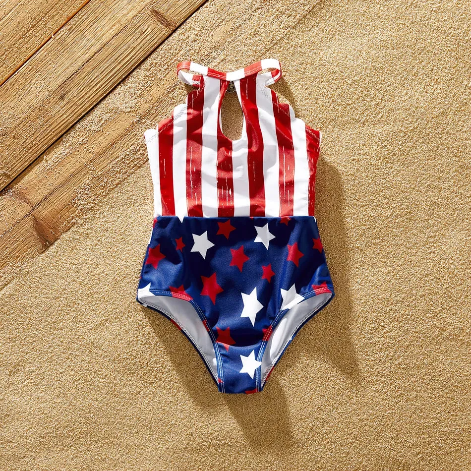 Matching Family Swimsuit Independence Day Flag Print Sling One-piece