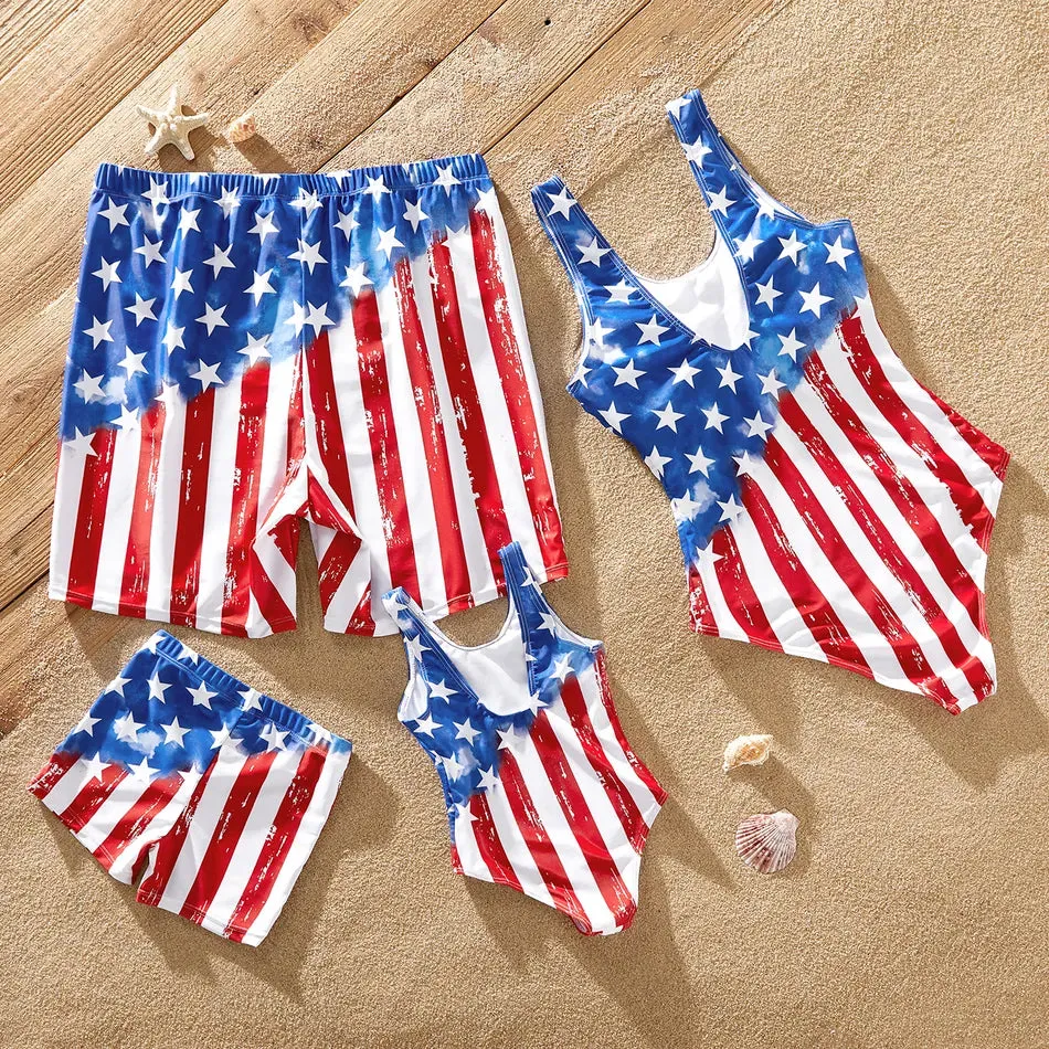 Matching Family Swimsuit Independence Day Flag Print Sling One-piece