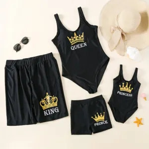 Matching Family Swimsuit King Queen Princess Solid Swimwear for Whole Family