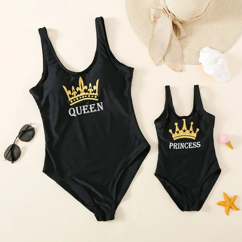 Matching Family Swimsuit King Queen Princess Solid Swimwear for Whole Family