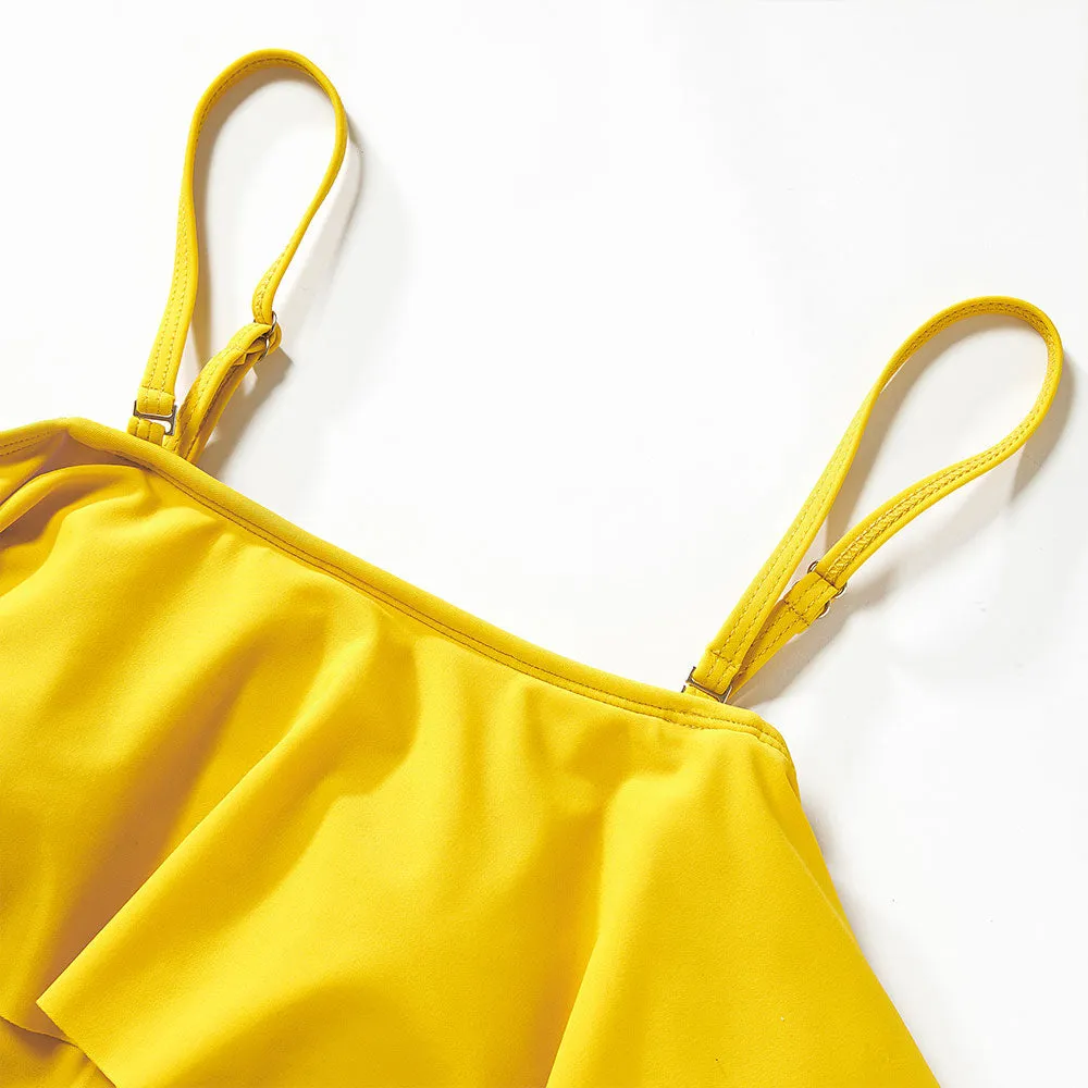 Matching Family Swimsuit Yellow Floral Flower Ruffle Bikini Set Swim Trunk