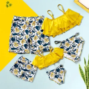 Matching Family Swimsuit Yellow Floral Flower Ruffle Bikini Set Swim Trunk