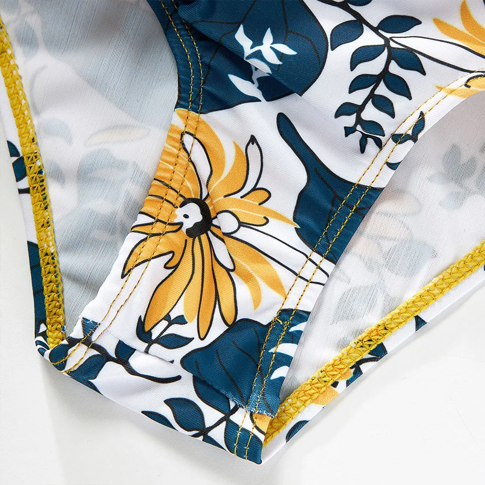 Matching Family Swimsuit Yellow Floral Flower Ruffle Bikini Set Swim Trunk