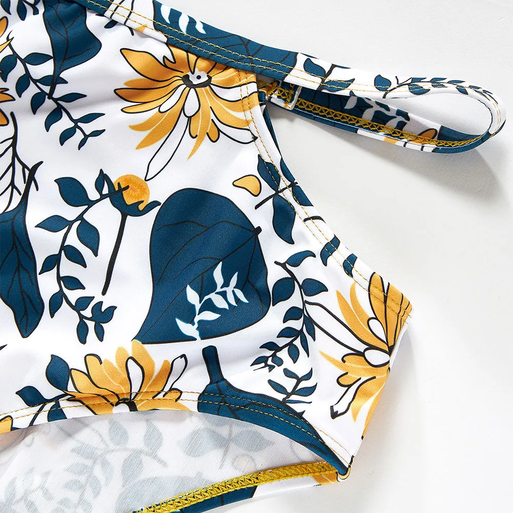 Matching Family Swimsuit Yellow Floral Flower Ruffle Bikini Set Swim Trunk