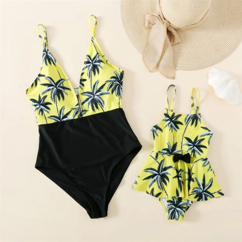 Matching Family Swimsuit Yellow Palm Tree Planting Bathing Suit