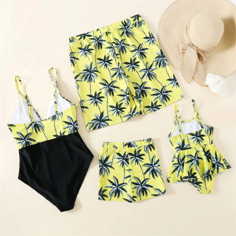 Matching Family Swimsuit Yellow Palm Tree Planting Bathing Suit