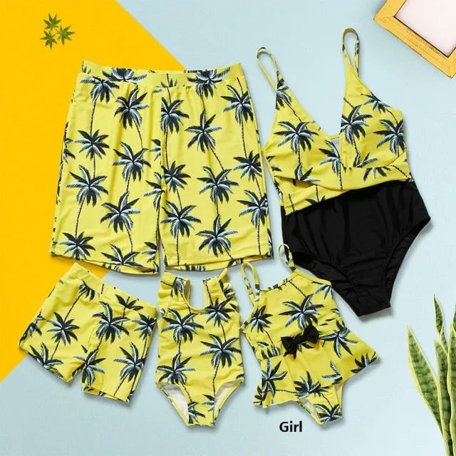 Matching Family Swimsuit Yellow Palm Tree Planting Bathing Suit