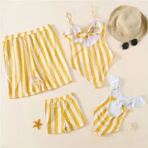 Matching Family Swimsuit Yellow Striped Bowknot One-Piece Swimwear