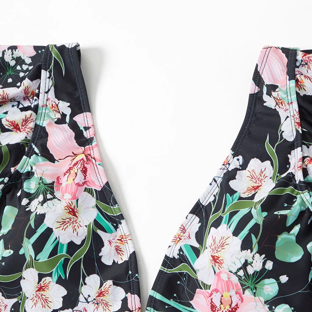 Matching Family Swimsuits Floral Print Pink Waist Tie One-piece Bathing Suit