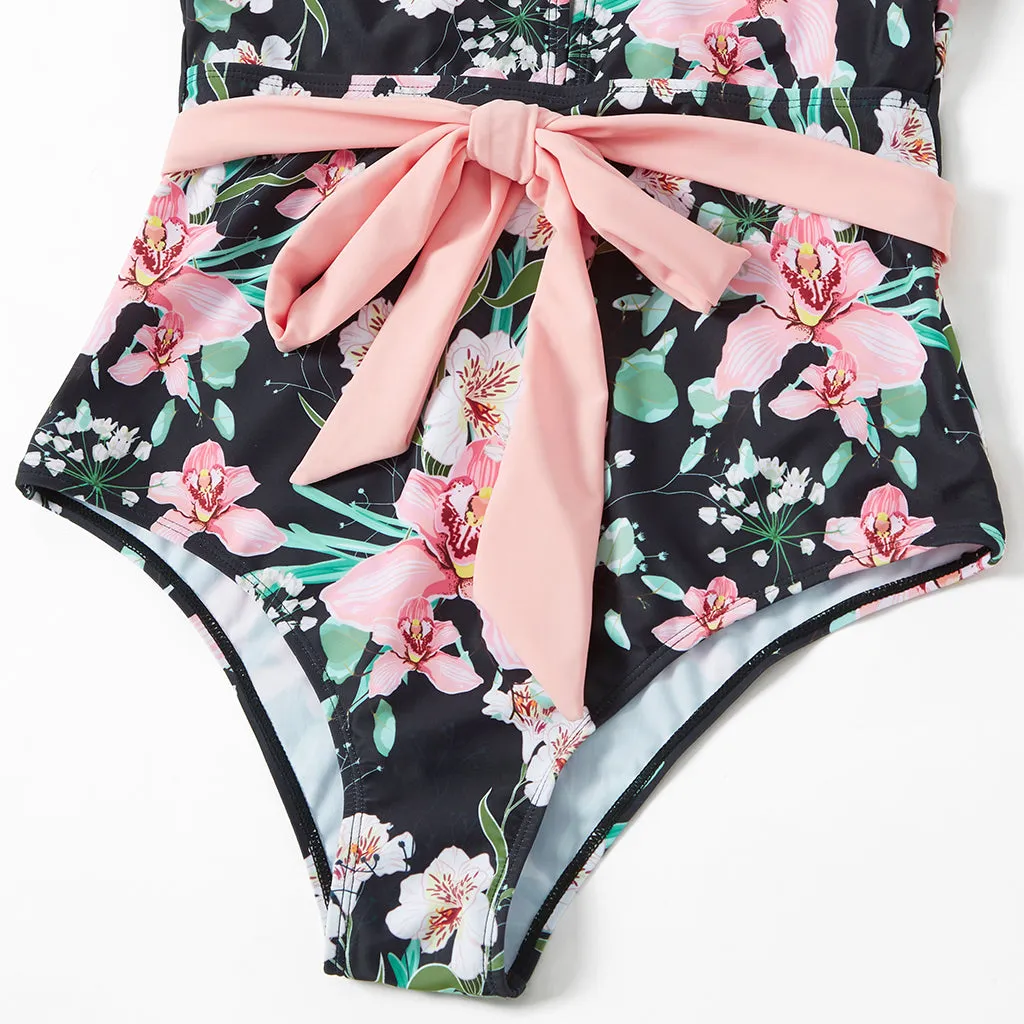 Matching Family Swimsuits Floral Print Pink Waist Tie One-piece Bathing Suit