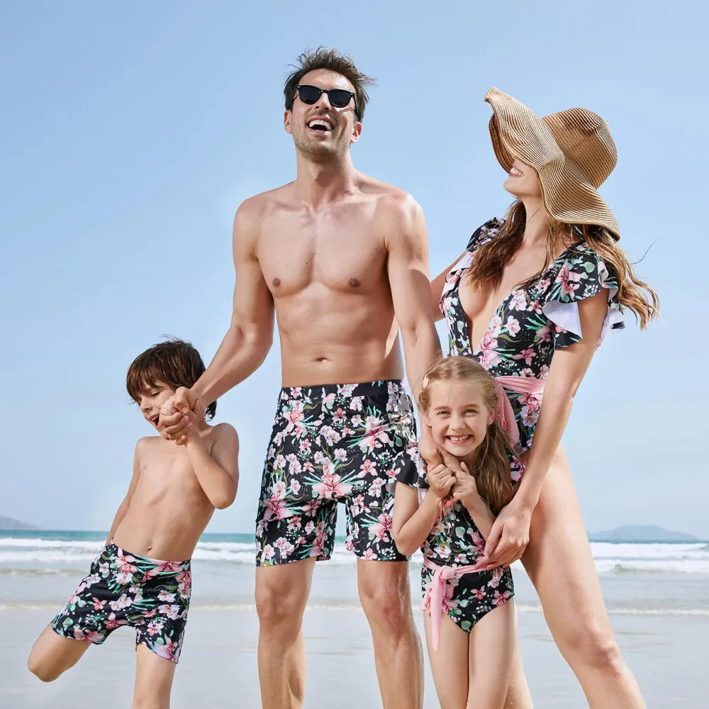 Matching Family Swimsuits Floral Print Pink Waist Tie One-piece Bathing Suit