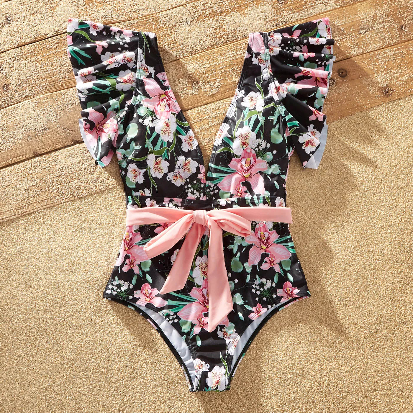 Matching Family Swimsuits Floral Print Pink Waist Tie One-piece Bathing Suit