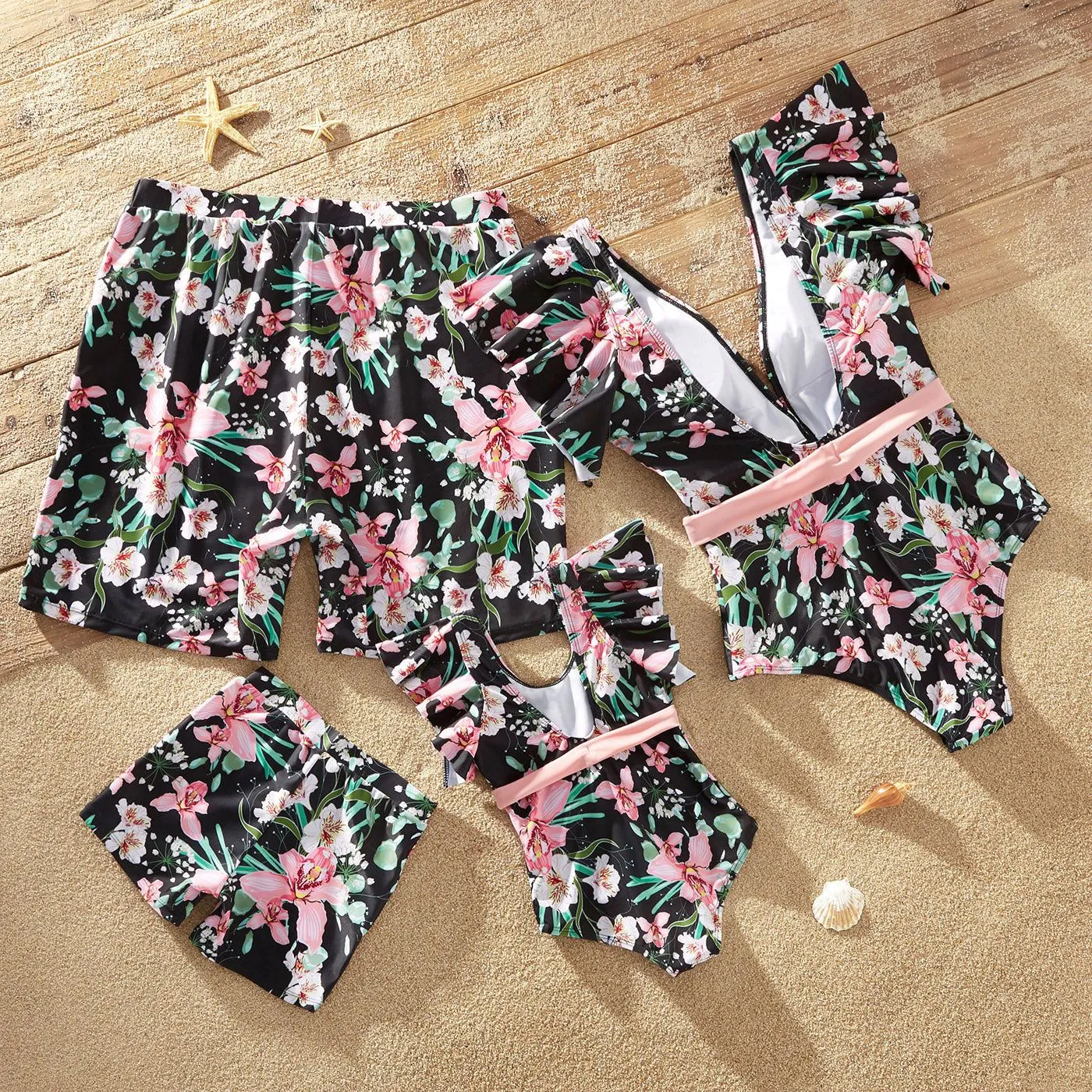 Matching Family Swimsuits Floral Print Pink Waist Tie One-piece Bathing Suit