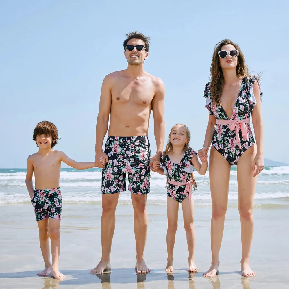Matching Family Swimsuits Floral Print Pink Waist Tie One-piece Bathing Suit
