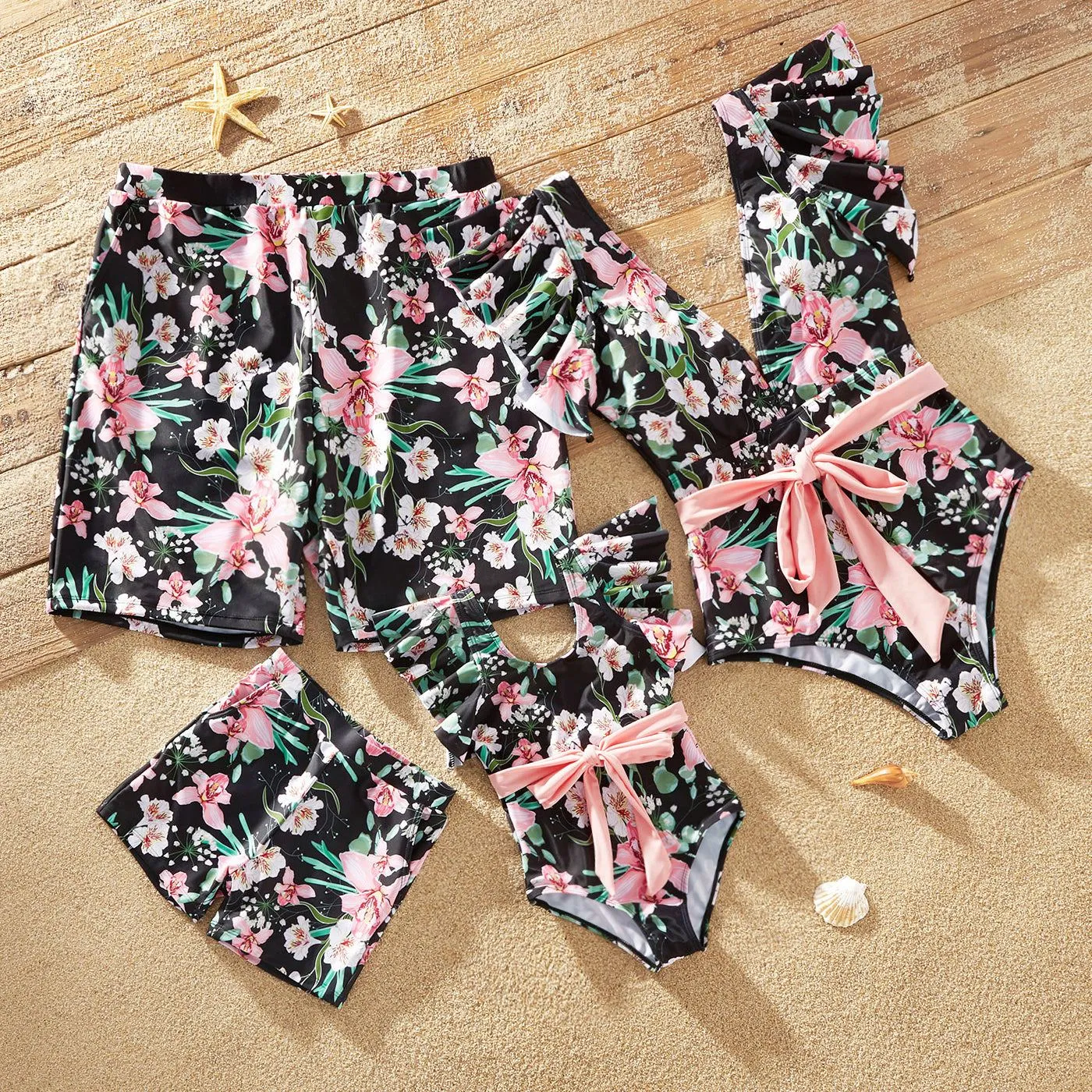 Matching Family Swimsuits Floral Print Pink Waist Tie One-piece Bathing Suit
