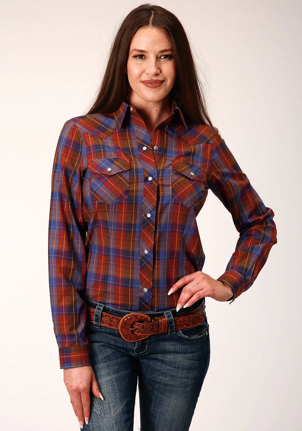 Roper Womens 825 Plaid Wine/Peri Cotton Blend L/S Shirt Sleek Silhouette