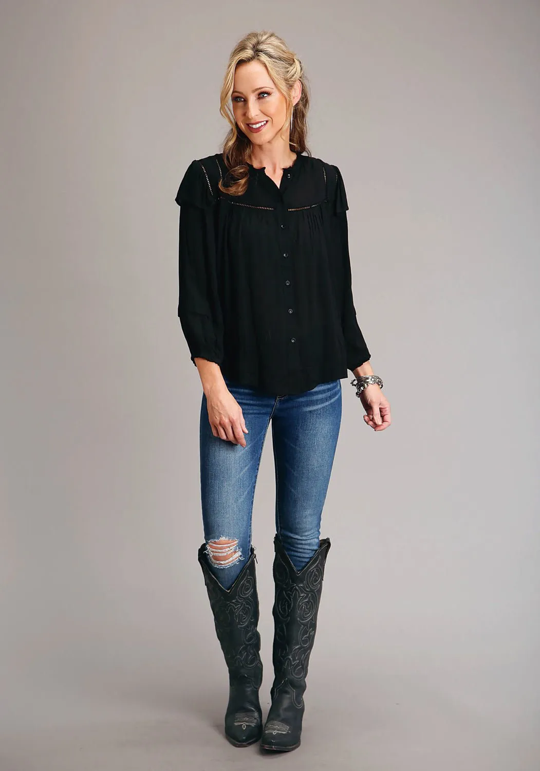Everyday Comfort Moisture Wicking Layer Stetson Womens Herringbone Black 100% Rayon L/S Shirt