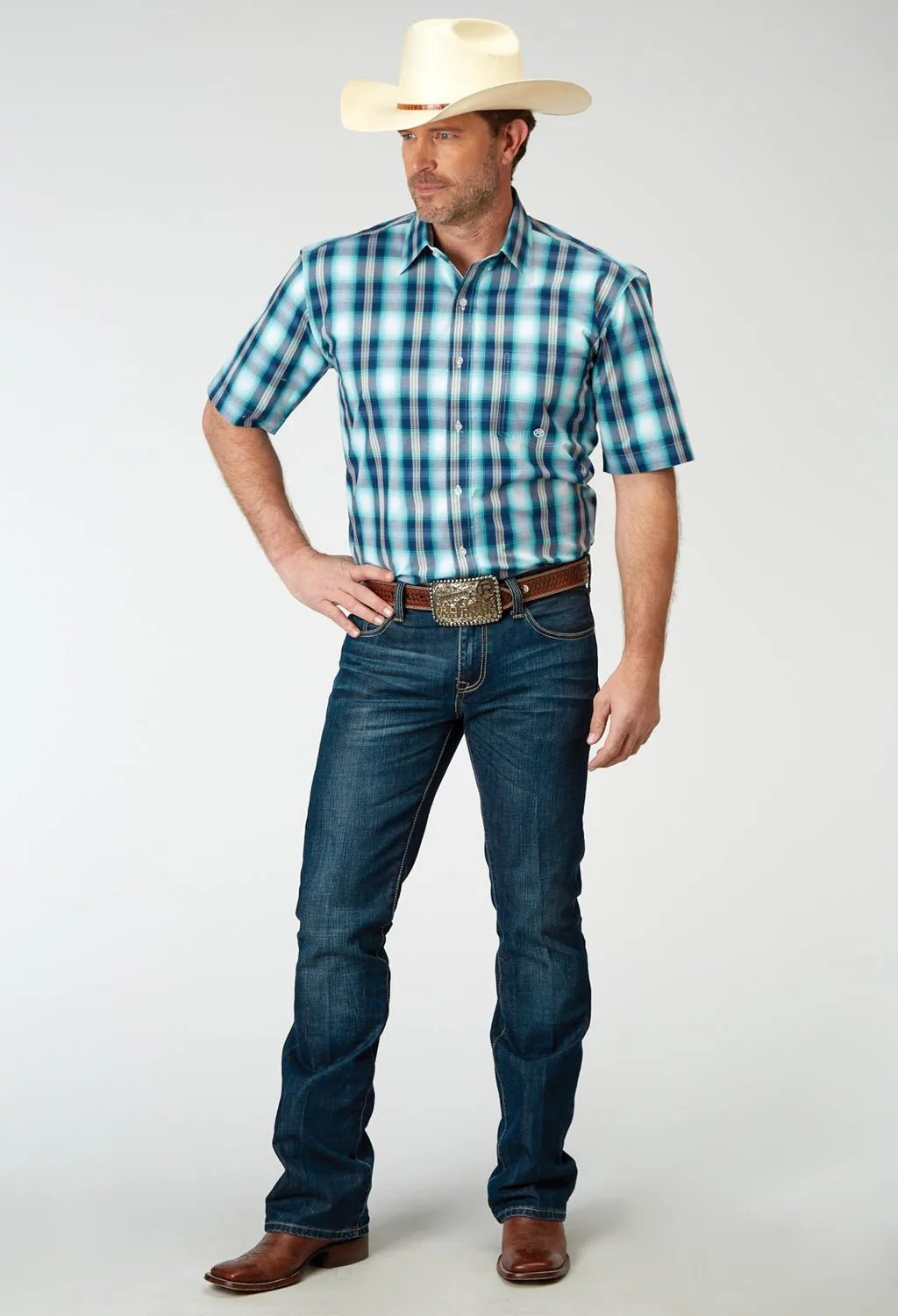 Multipurpose Layering Fabric Athletic Cut Roper Mens Cool Breeze Plaid Blue 100% Cotton S/S Shirt